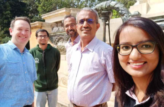 Photo caption (L-R): Nick Walker (Newcastle), Arijit Das (IISc.), Sai Ramesh (IISc.), Arunan Elangannan (IISc.), Surabhi Gupta (IISc.) pictured under the statue of Jamsetji Nusserwanji Tata at the Indian Institute of Science in Bengaluru, February, 2020.